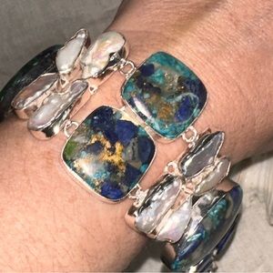 Blue Ocean Spiny Oyster Turquoise + Biwa Pearl cluster statement bracelet